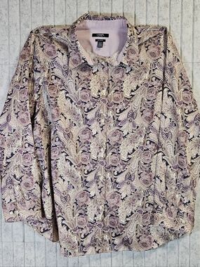 Chaps Paisley Button Down Shirt Women’s 1X No Iron Long Sleeve Purple Tan